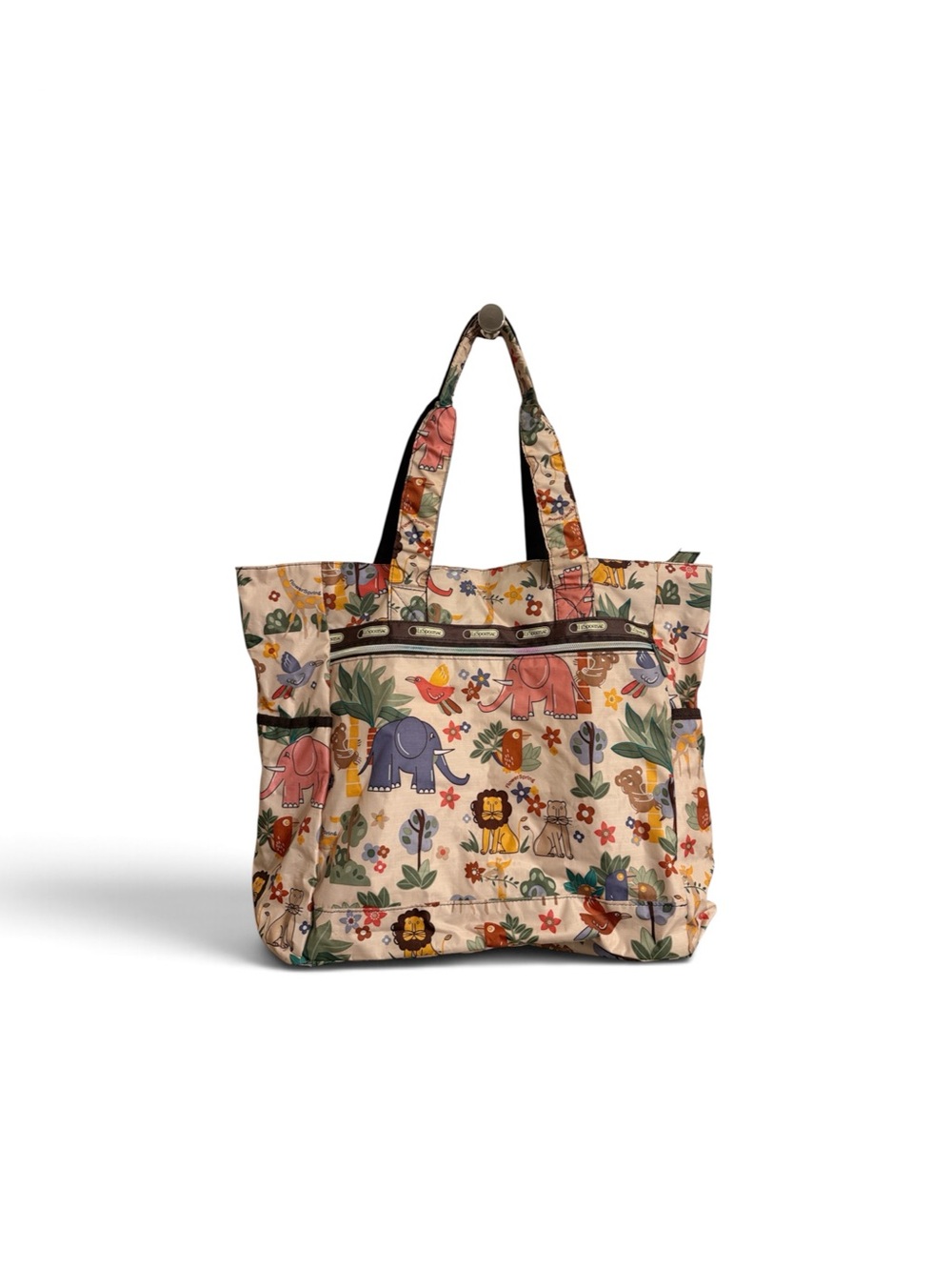 LeSportsac zip top tote bag. Zoo animals print. Two side Velcro pockets.